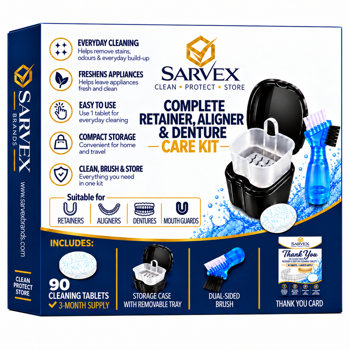 Sarvex Complete Retainer, Aligner & Denture Care Kit with tablets, case and brush