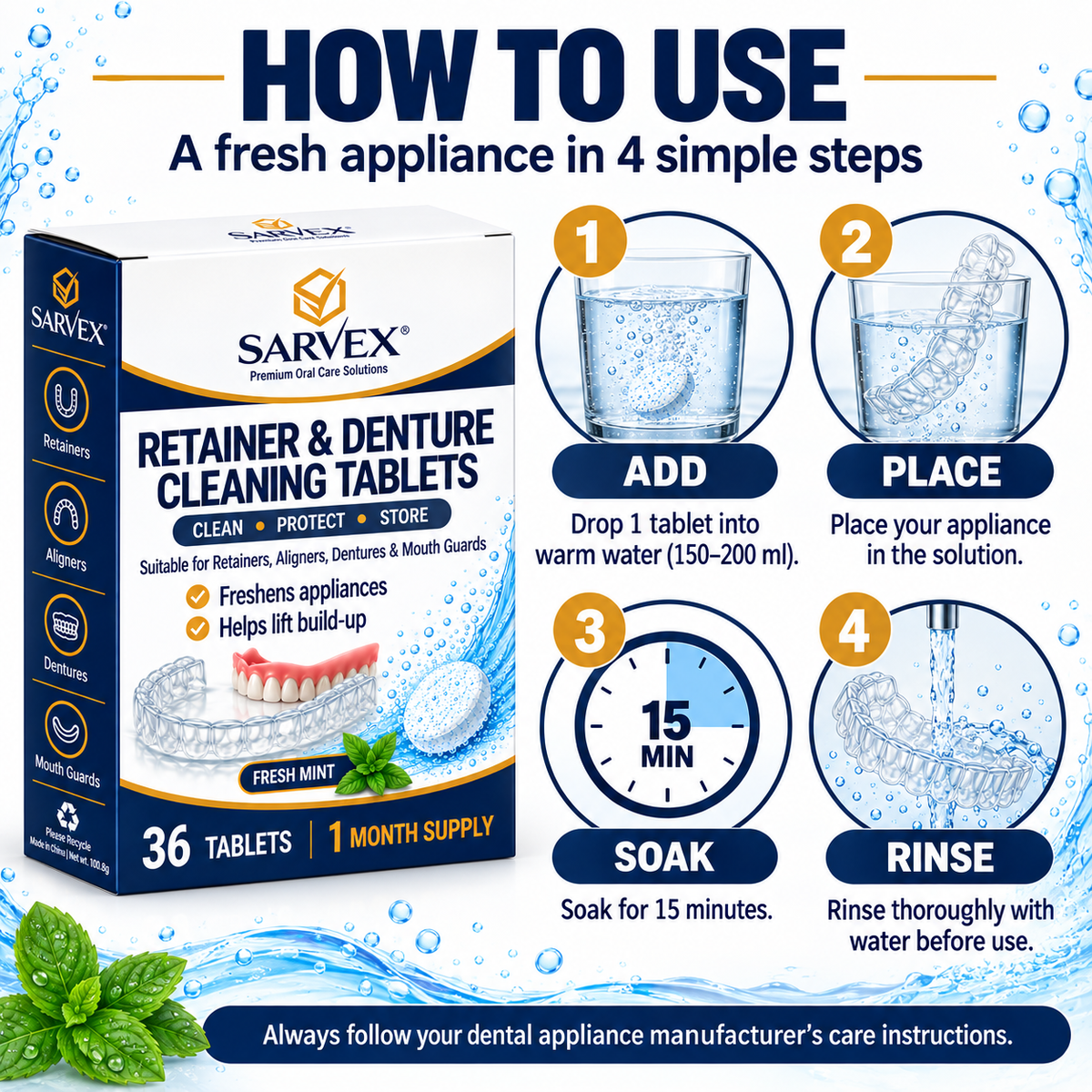 How to use Sarvex cleaning tablets – drop, soak for 15 minutes, rinse