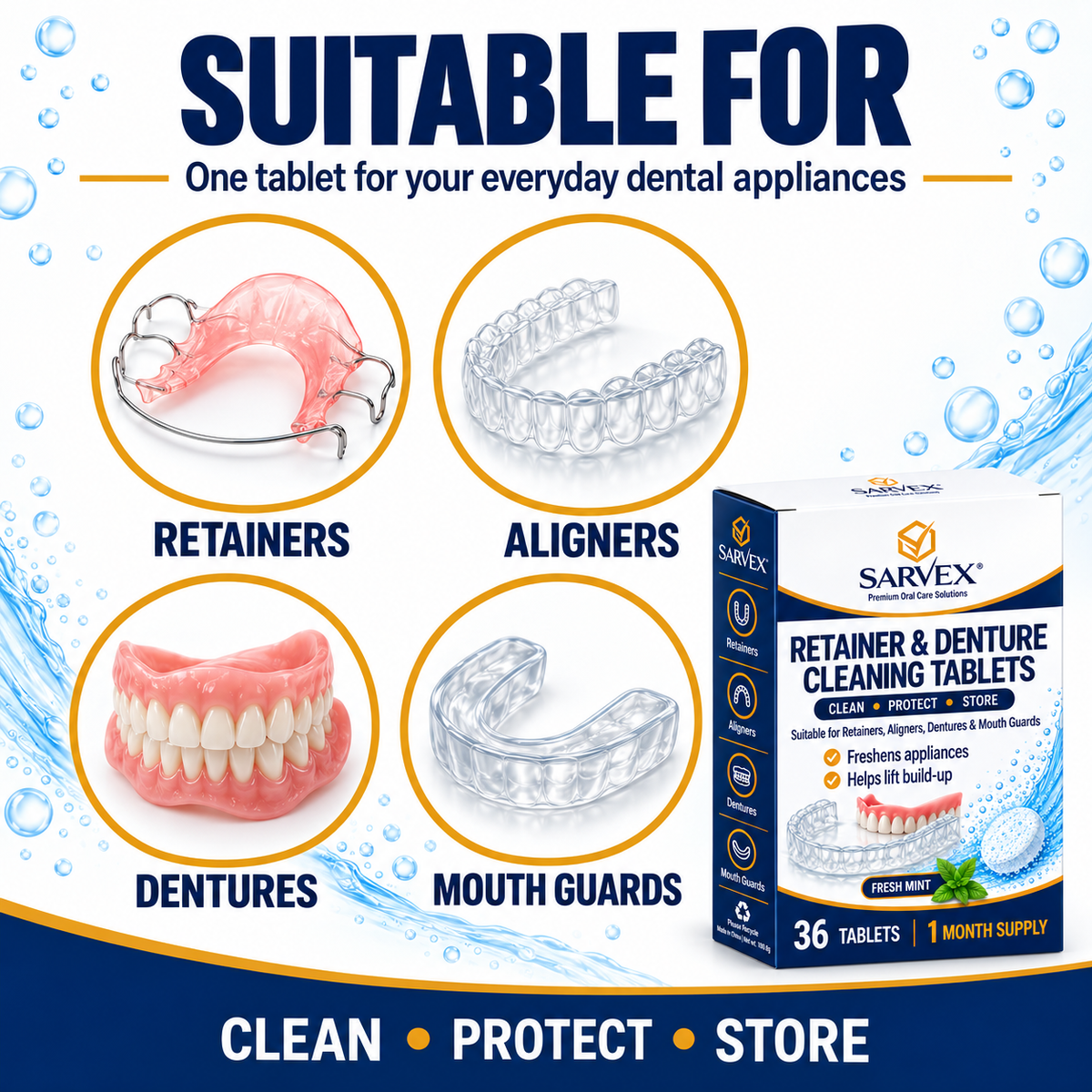 Sarvex tablets suit retainers, clear aligners, dentures and mouth guards