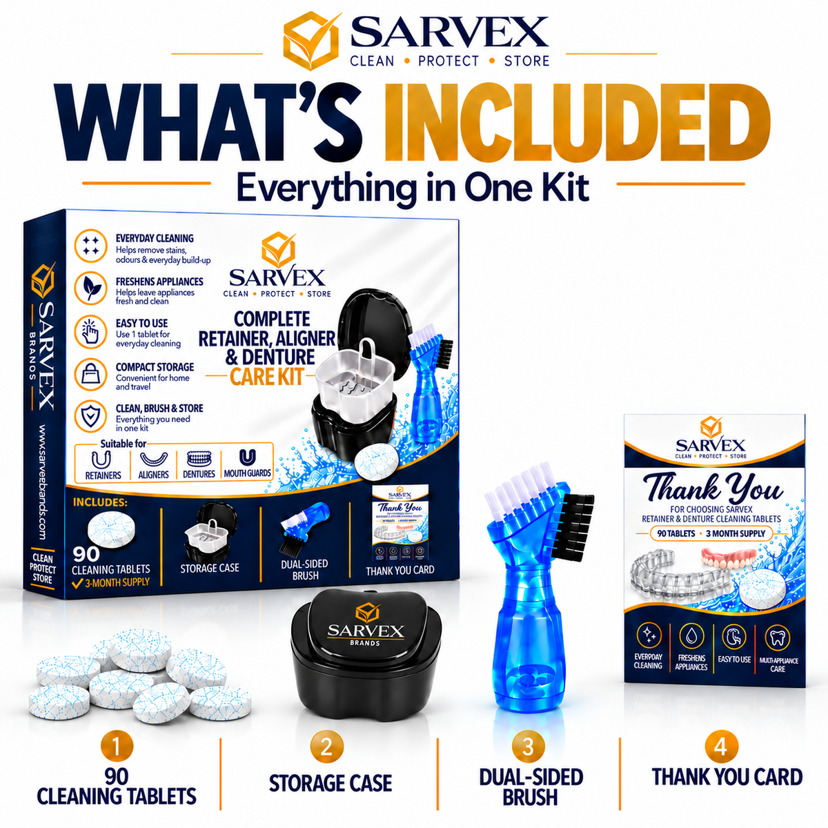 What's included in the Sarvex Care Kit – 90 tablets, storage case, brush and guide